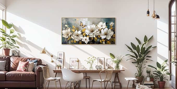 Wall Art Modern Flower Artwork Paintings White Blossom Gold Leaf Butterfly Landscape Picture wall Decor for Living Room Bedroom Kitchen 30"x60" with Framed
