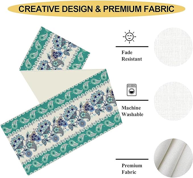 Paisley Table Runner, Rustic Blue Green Bohemian Damask Exotic Flower Cafe Table Center Decor for Home Kitchen Dining Patio Holiday Party Indoor Outdoor Table Decorations 13x90 inch