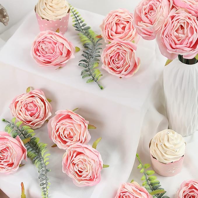 IPOPU Pink Flowers Silk Rose Heads 25PCS Fake Roses Artificial Flowers Real Touch for Wall Decoration Bouquet Flower Heads Bulk Wedding Centerpieces