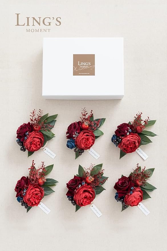 Ling's moment 6pcs Wedding Wrist Corsage Artificial Flowers, Girl/Mother Homecoming Prom Corsages Wristlet Décor, etc. Burgundy and Navy Blue