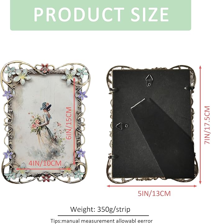 Vintage 4X6 Floral Picture Frames Luxury Unique Ornate Antique Metal Photo Frame of HD Glass for Tabletop/Wall Display Gifts for Women (Retro Colored Flowers)