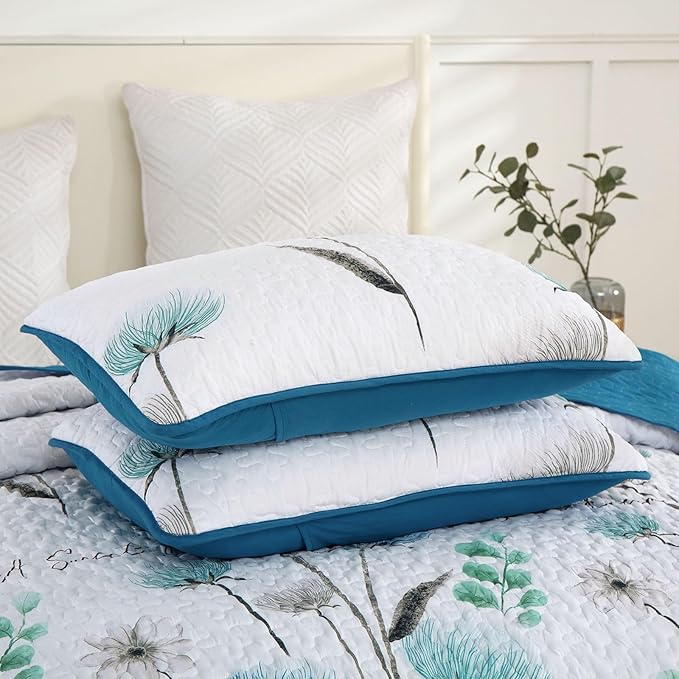 Dinjoy King Size Quilt Set Floral,3 Pieces Teal & White Quilts Coverlet Set Flower Bedspreads Bed Cover Lightweight Grey Quilt Boho Bedding Sets for King Bed All Season110 x90