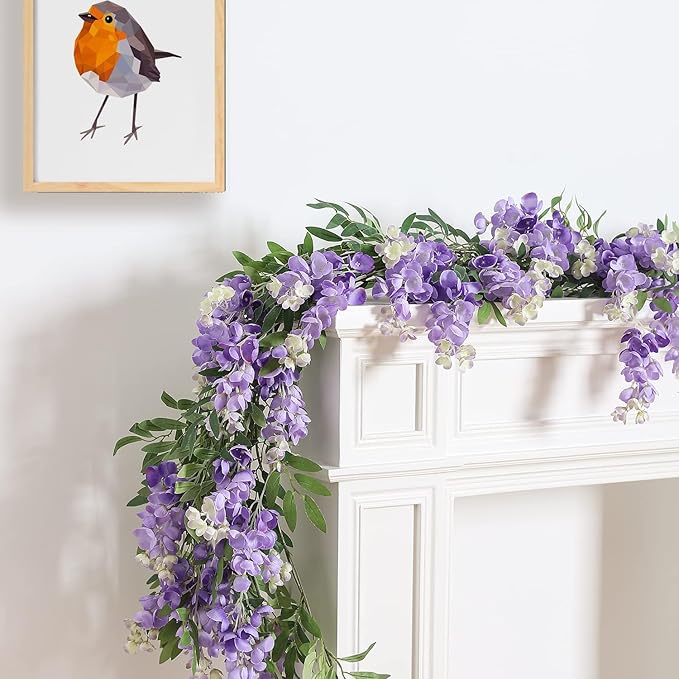 Duovlo 4Pcs 6.6Ft/Piece Imitation Silk Wisteria Garland Hanging Flower Vine for Home Outdoor Garden Ceremony Wedding Arch Floral Decor (Light Purple)