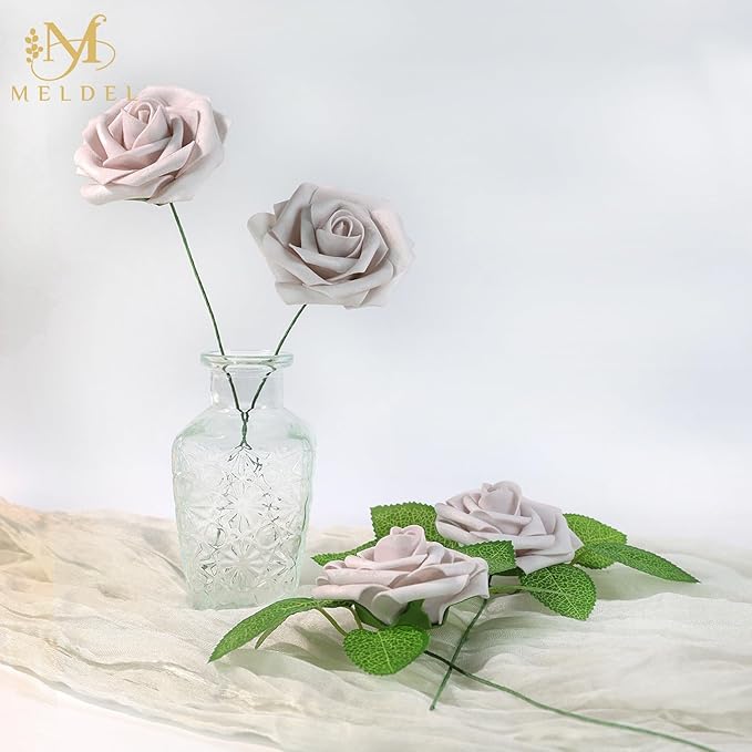 Meldel Artificial Flowers 50pcs Real Looking Dusty Violet Pale Lavender Foam Fake Roses with Stems for DIY Wedding Bouquets Bridal Shower Centerpieces Floral Arrangements Home Decorations Bulk Rose