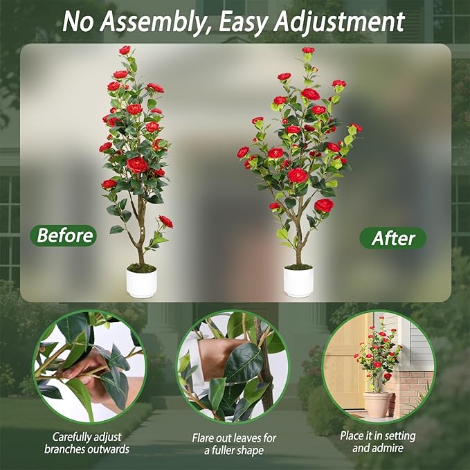 Artificial Camellia Tree 4FT – Nearly Natural Faux Plants Indoor, with Easy Assembly, Low Maintenance, Ideal for Both Indoor Decoration and Other Purposes,Perfect Porch Christmas Trees (White 4ft x2)
