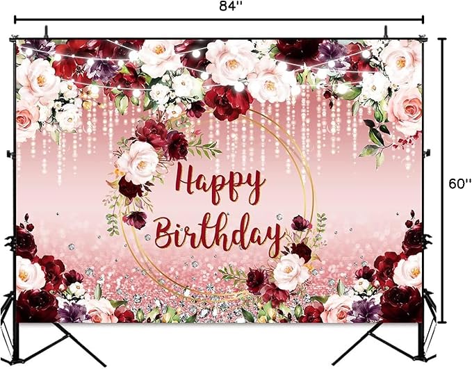 Sensfun Floral Happy Birthday Backdrop Burgundy Flowers Rose Gold Glitter Bokeh Spots Photo Background Vinyl Women Birthday Party Cake Table Decorations Photoshoot Banner (7x5ft)