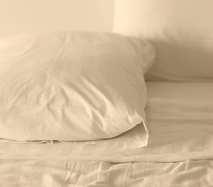 RUVANTI 100% Cotton Sheets Queen Size Set, 4 Pieces, Soft & Breathable Percale Weave Bedding, Deep Pocket 16", Hotel Standard, Crisp Cool Feeling, Durable, Perfect Dyed Bed Sheet, Beige