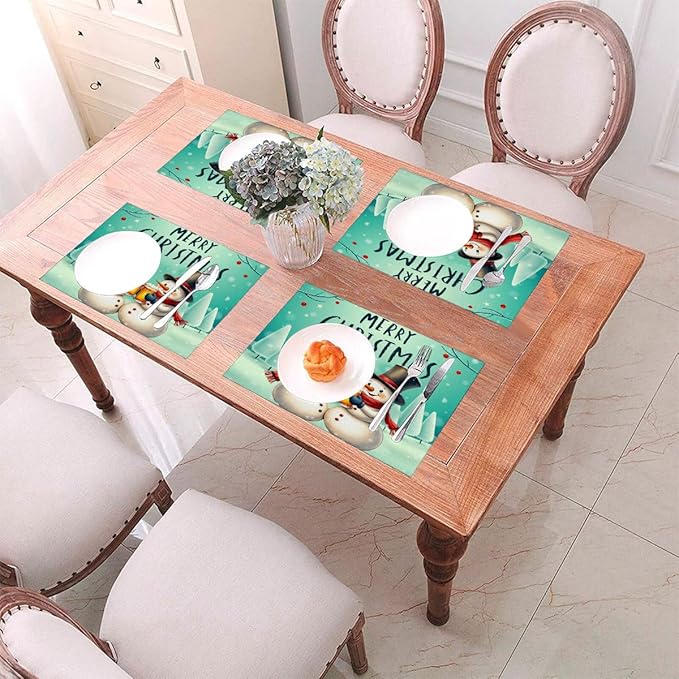 PVC Placemats Set of 6 Wipeable Table Mats Washable Heat Resistant Non Slip Vinyl Dining Table Mat for Kitchen Indoor Outdoor Patio Farmhouse Place Mats Christmas Snowman Beer Decorative