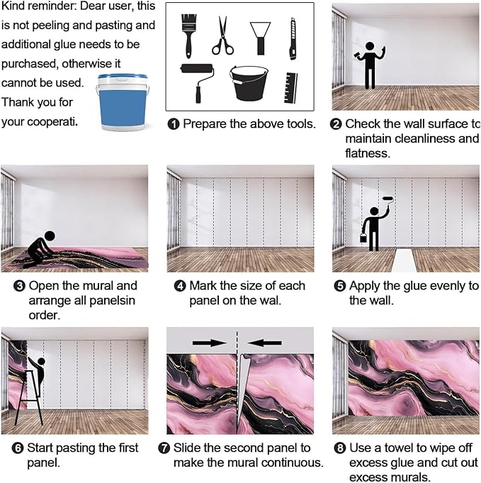 Pink Black Marble Wall Mural, Luxury Fluid Art 3D Wall Murals, Gold Vein Abstract Marble Wallpaper Mural, for Living Room Bedroom Large Wallpaper Indoor Decor 197" W x124.8 H