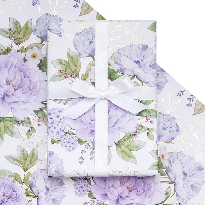 LeZakaa Floral Wrapping Paper Roll, Purple Peonies with Gold Foil Floral Outline Party Gift Wrap for Wedding, Bridal Shower, Anniversary, Mother's Day, Birthday, 17 inches x 16.4 Feet (23.2 sq.ft.)