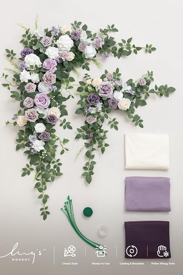 Ling's moment Wedding Arch Flowers with Drapes Kit-Pack of 5, 2pcs Flower Arrangements 3pcs Sheer Hanging Drapes White Ceremony Arbor Backdrop Artificial Rose Floral Decorations, Lilac & Purple