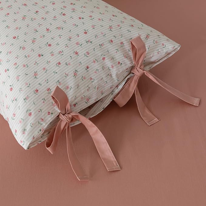 VM VOUGEMARKET Pink Floral Comforter Set Queen Bed in a Bag Pink Stripes Bedding Set 3 Pieces for All Seasons,Soft Comfy Girls Comforter with 2 Bowknot Pillowcases-90 x90