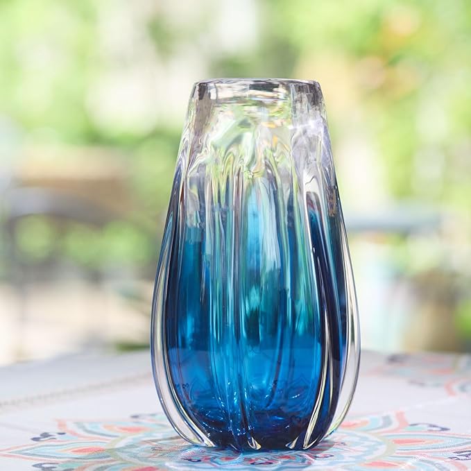 Luxury Lane Hand Blown Laine Sommerso Art Glass Vase for Home Decor 10 inch Tall Centerpiece Table Decoration