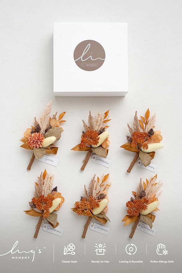 Ling's moment Boutonniere for Men, 6pcs Groom Groomsmen Boutonniere, Artificial Flowers for Wedding Decor/Prom/Homecoming, etc.Rust Boho Terracotta