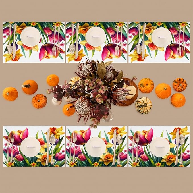 Spring Beautiful Flower Placemats Set of 4 PVC Vinyl Non Slip Table Mats Waterproof Heat Resistant Place Mats Washable Wipeable Dining Table Mat for Kitchen Party Indoor Outdoor Decorative