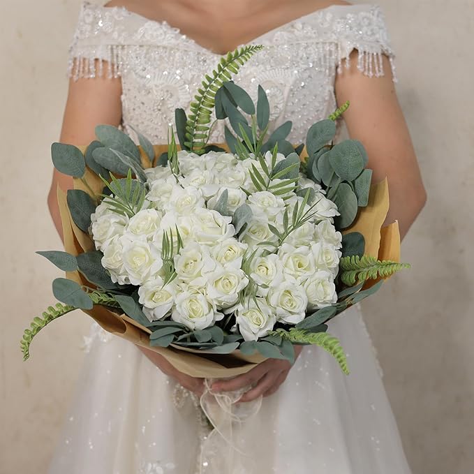 YXZZWL 60 Pcs Artificial Roses in Bulk, Fake Silk Roses Realistic Roses Stem Faux Roses Bouquet for Wedding Centerpieces Flower Arrangement Home Decor (White)
