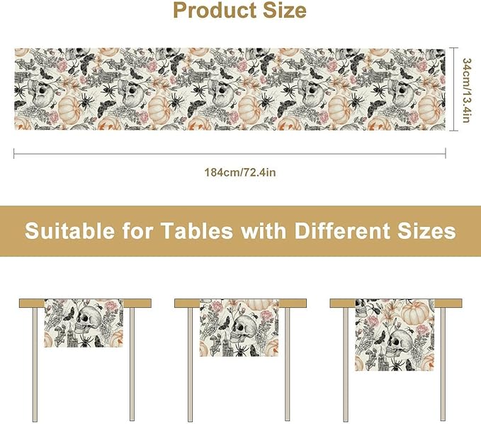 Gothic Table Runner,Black White Skull Moth Pumpkin Halloween Table Runner for Home Kitchen Table Dining Garden Farmhouse Wedding Party Decor 13x90 Inch