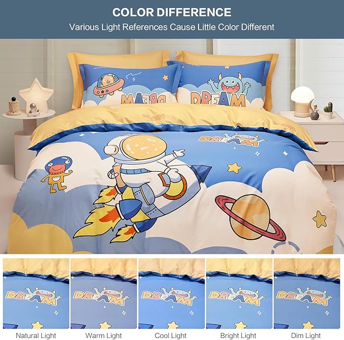 SAPHREAS Planet Astronaut Kids Duvet Cover Set Queen Size 4pcs with Fitted Sheet 100% Cotton Children Bedding Comforter Cover Set, Comforter Not Included