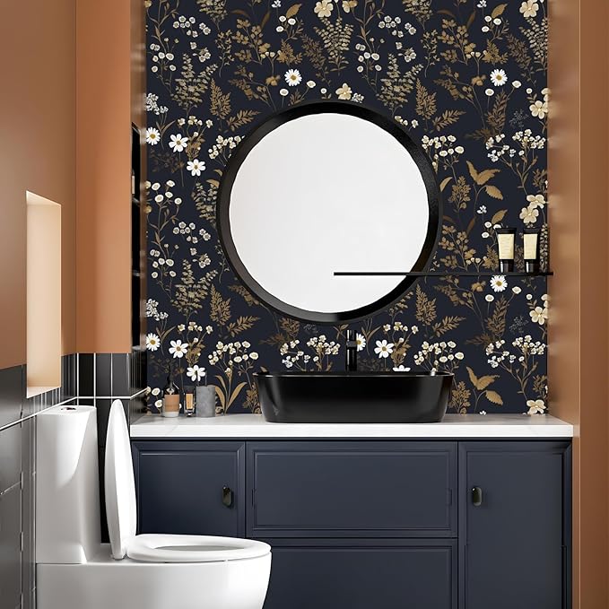 Dark Floral Wallpaper Peel and Stick 17.5in x 78.7in Navy Gold Leaf Wallpaper Vinyl Waterproof Self-Adhesive Dark Blue Botanical Wall Paper Mural for Bookcase Bedroom Cabinet Decor