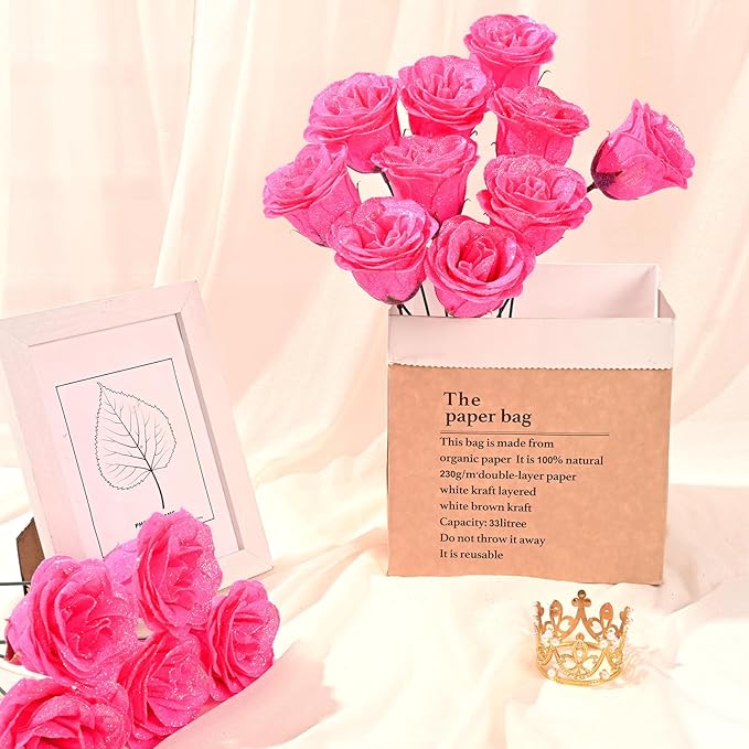 Waipfaru Glitter Roses Bouquet, DIY Fake Flowers Bouquet, Birthday Gifts for Women Mom, 24 Pcs Hot Pink Rose for Wife Girlfriend Valentines, Mothers Day, Anniversary, Graduation