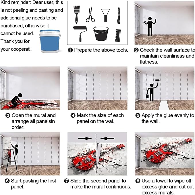 Red Electric Guitar Wall Mural, Grunge Style Guitar 3D Wall Murals, Rock Music 3D Explosion Wallpaper Mural, for Living Room Bedroom Large Wallpaper Indoor Decor 169.3" W x118.2 H