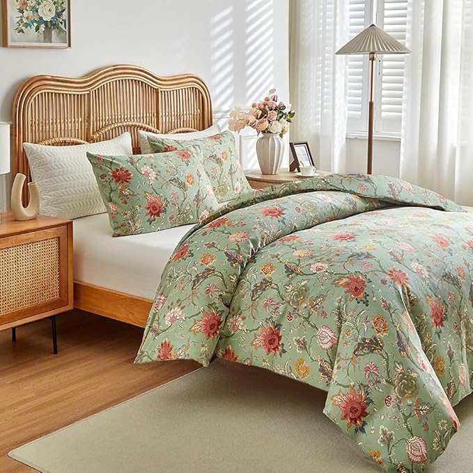 LifeTB Farmhouse Floral Comforter Full Comforter Set Botanical Flowers Vines Pattern on Green Floral Bedding Comforter Set Fluffy Soft Microfiber Aesthetic Bedding Botanical Comforter for All Seasons