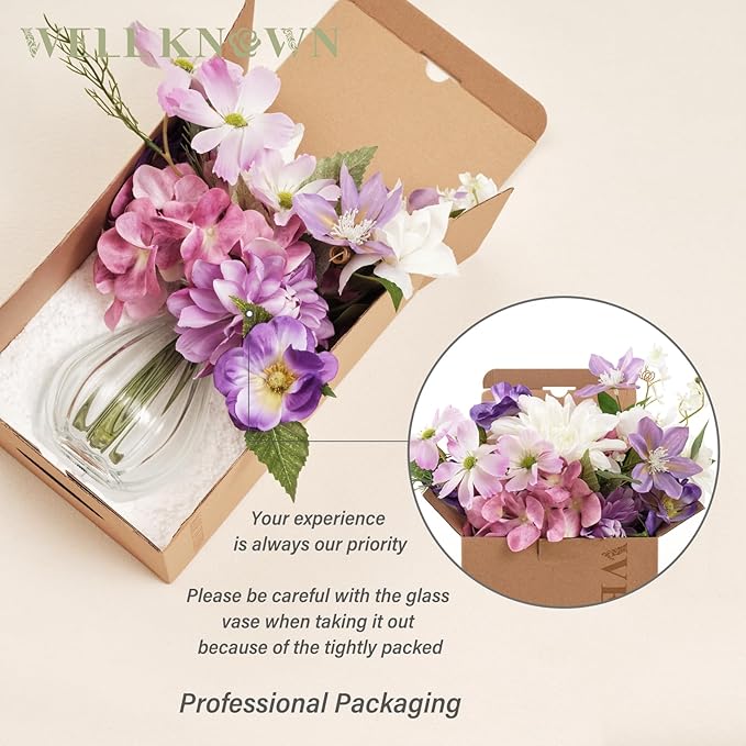 WELL KNOWN Artificial Flowers Silk Peony Flower Bouquet in Vase, Fake Flowers with Vase, Faux Flower Arrangements, Table Decorations for Living Room, Coffee Table Decor