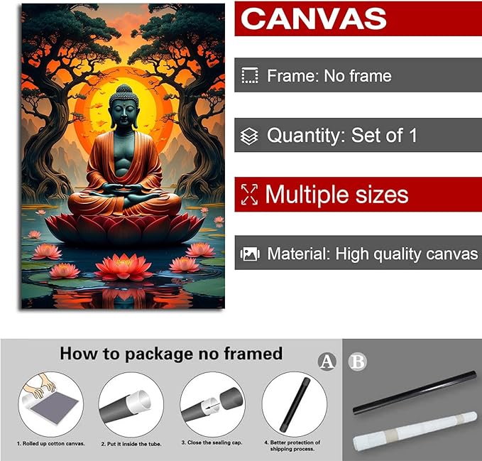 Canvas wall art Golden Buddha on lotus at sunset Ancient trees with reflections on water Serene meditation scene Uplifting wall art for mindfulness and tranquil home decor 8x12in Frameless