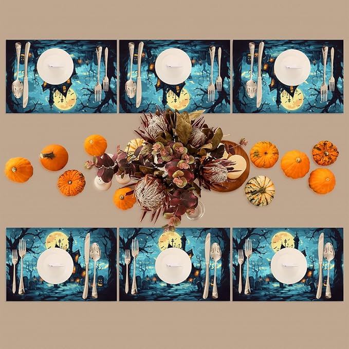 Halloween Castle Moon Scary Placemats Set of 1 PVC Vinyl Non Slip Table Mats Heat Resistant Place Mats Washable Wipeable Dining Table Mat for Kitchen Decor Party Indoor Outdoor Decorative Gift