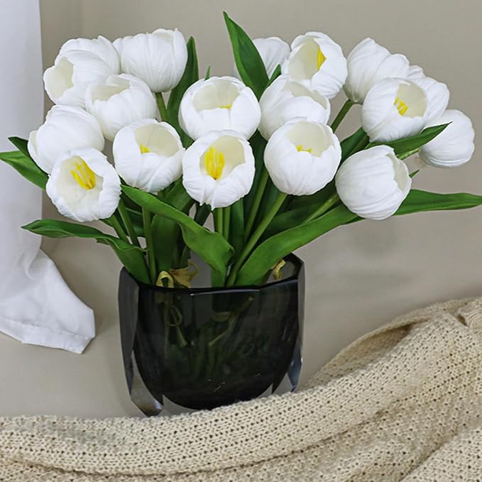 10pcs Partially Open Artificial Tulips 15.5" PU Artificial Flowers for Family Friend Gifts DIY Flower Arrangement Flowers in Home Kitchen Office Party Wedding Dining Table Decoration, White