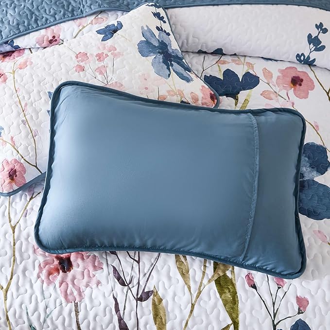 Anibedding Queen Quilt Set, Dark Blue Floral Bedspread Soft Microfiber Lightweight Queen Size Quilt Bedding Sets Flower Coverlet for All Season(Queen, 96"x90")