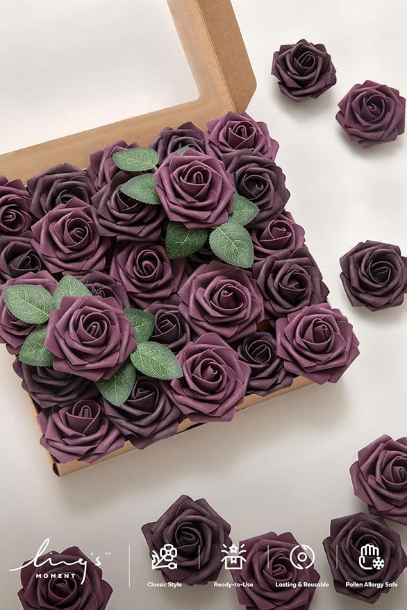 Ling's moment Artificial Flowers 25Pcs Mauve Plum Roses Decor w/Stems,3" Real Touch DIY Foam Floral for Wedding Bouquet/Centerpieces, Outdoors Party Backdrop, Room/Table, and Garden/Pot Decorations