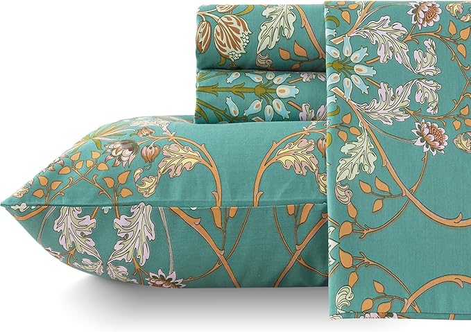 Zusbest Floral Sheets King Bed Sheets Set Boho 100% Cotton Percale Shabby Vintage Teal Blue Orange American Style Bedding Luxury Soft Breathable Crisp Bed Deep Pocket Fitted Sheet 4 Piece