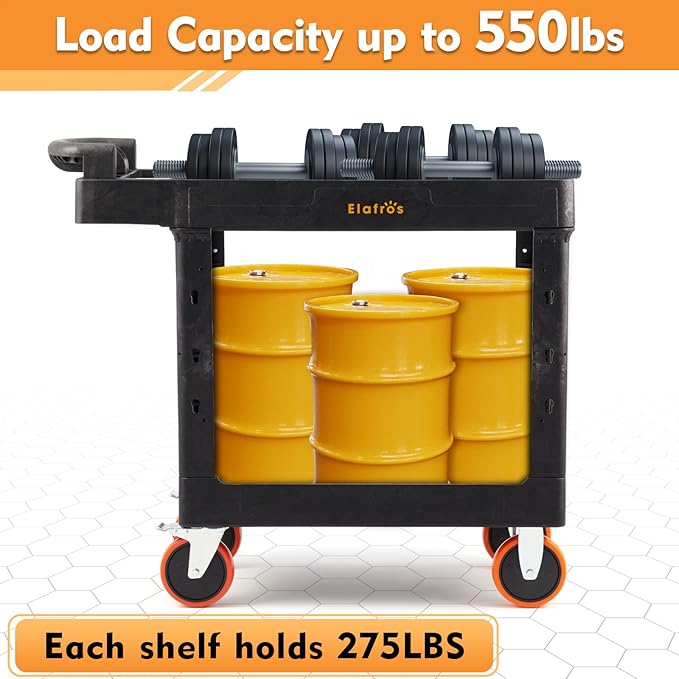 ELAFROS Heavy Duty Plastic Utility Cart 41.3 x 17 Inch - Ergonomic Handle Work Cart Storage W/Deep Shelves and 2 Fixed 2 Swivel Wheels Safely Holds up to 550 lbs - 2 Tier Service Cart with 6" Wheels