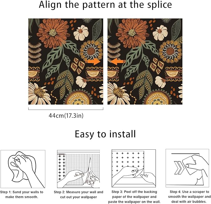 JiffDiff Boho Peel and Stick Wallpaper Vintage Floral Wall Paper Removable Sun Flower Contact Paper Bathroom Bedroom Renter Friendly Wall Mural 17.3" x 800"