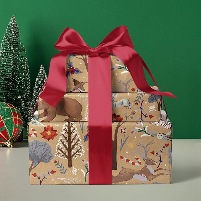 WRAPAHOLIC Kraft Christmas Wrapping Paper - Mini Roll - 17 Inch x 33 Feet - Christmas Animal Wrapping Paper and Tree Elements for Holiday, Party Celebration
