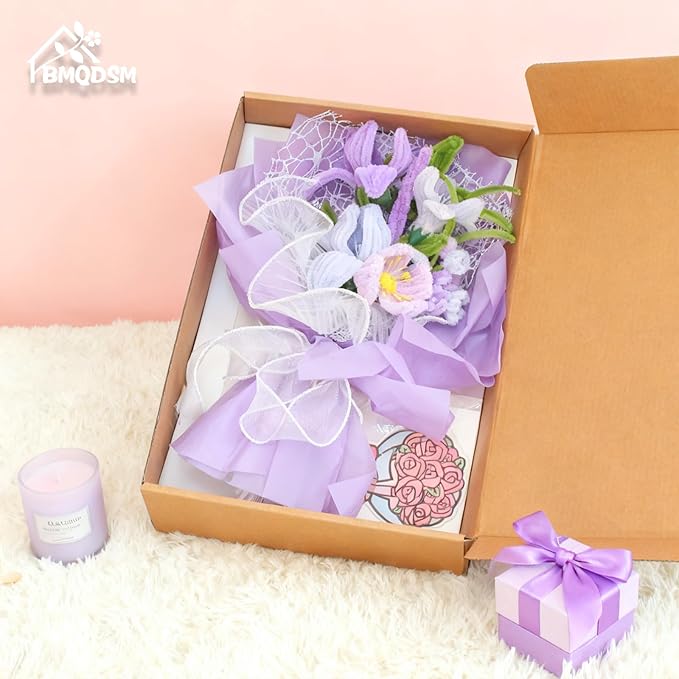 Crochet Flowers Bouquet Gifts for Women Birthday, Preserved Rose Forever Flower, Gifts for mom, Real Handmade Bouquet for Grandma Sister Wife Her from Daughter (Purple)
