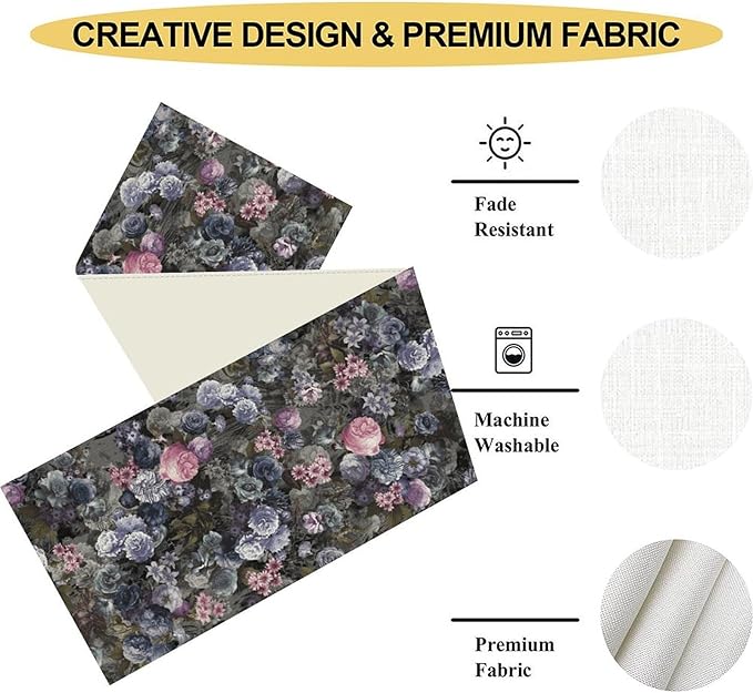 Vintage Floral Table Runner, Gothic Pink Blue Floral Boho Flower Garden Botanical Spring Seasonal Print Table Center Decor for Family Kitchen Table Decorations Indoor Outdoor 13x36 inch