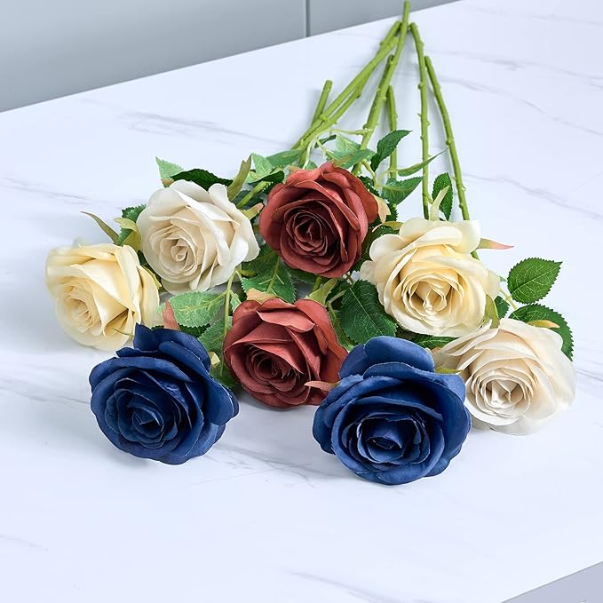 12pcs Roses Artificial Flowers Fake Rose Beige Silk Roses Tan Silk Flowers Rose with Long Stems for Wedding Home Party Centerpieces Decorations