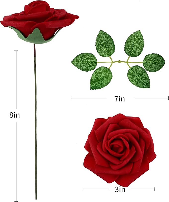 DuHouse 50Pcs Artificial Roses Flowers Fake Roses with Stems Real Touch Foam Flowers for DIY Wedding Bouquet Baby Shower Centerpiece Floral Arrangement Party Home Decor(Dark Red)