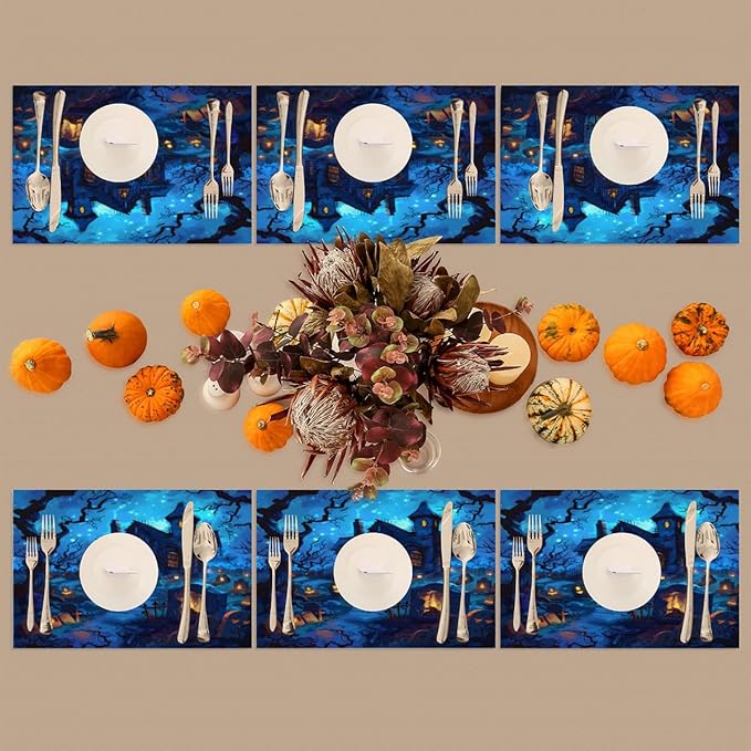 Halloween Castle Scary Blue Placemats Set of 6 PVC Vinyl Non Slip Table Mats Heat Resistant Place Mats Washable Wipeable Dining Table Mat for Kitchen Decor Party Indoor Outdoor Decorative Gift