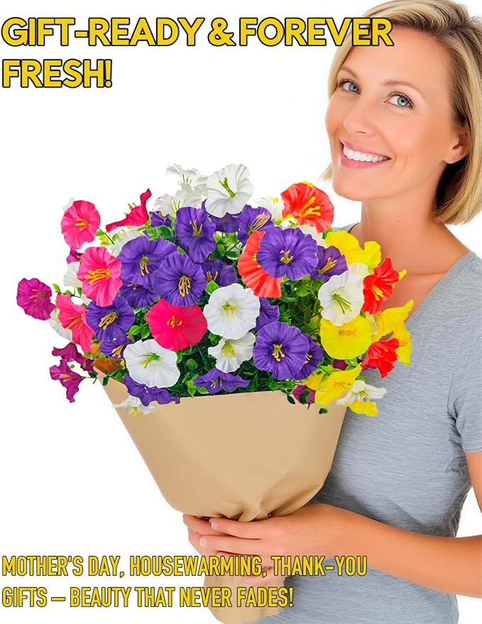 Realistic Silk Faux Flowers for Outdoor Decorations - 12 Bundles UV Resistant Artificial Flowers Outside for Hanging Basket Planter Window Box, Morning Glory Fake Plants for Home Porch Garden Décor