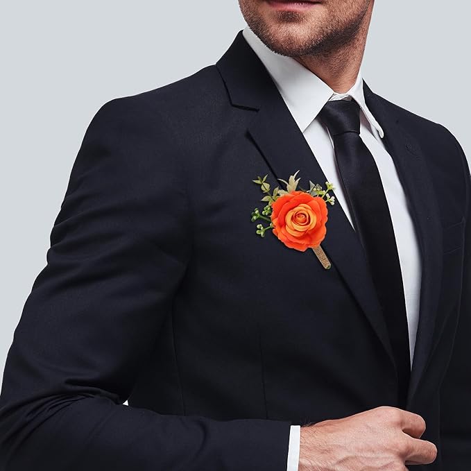 Burnt Orange Rose Boutonniere for Men Wedding Set of 6 Groom Groomsmen Best Man Artificial Flowers Boutonniere for Wedding Ceremony Anniversary Prom Flowers Formal Dinner Party (Orange)