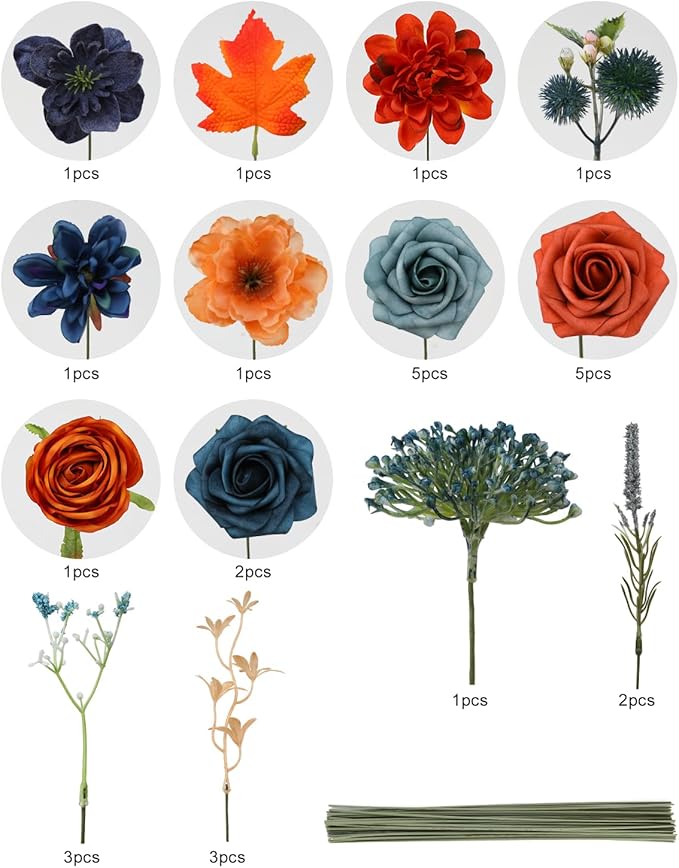 Senseya Artificial Flowers Combo, Teal Orange Silk Roses, Peonies, Dahlias with Stems for DIY Wedding Bouquets, Baby Shower, Table Centerpieces, Home Decor, Fake Floral Arrangements, Party Decorations