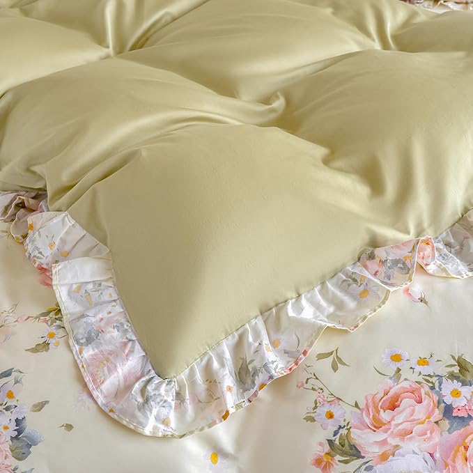 Ruffle Floral Duvet Cover Set 100% Cotton King Size, Shabby Blush Pink Cream Rose Comforter Cover, Satin Weave, Soft & Breathable, French Country Cottagecore Bedding 3Pcs-Not Comforter