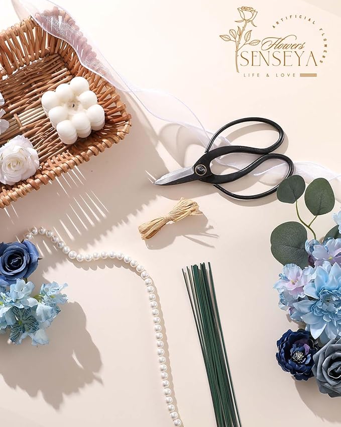 Senseya Artificial Flowers Combo Box for Decoration,Silk Mix Fake Flowers with Stems DIY Wedding Bouquets,Artificial Flowers Bulk Box Set Home Cake Decor (Blue)