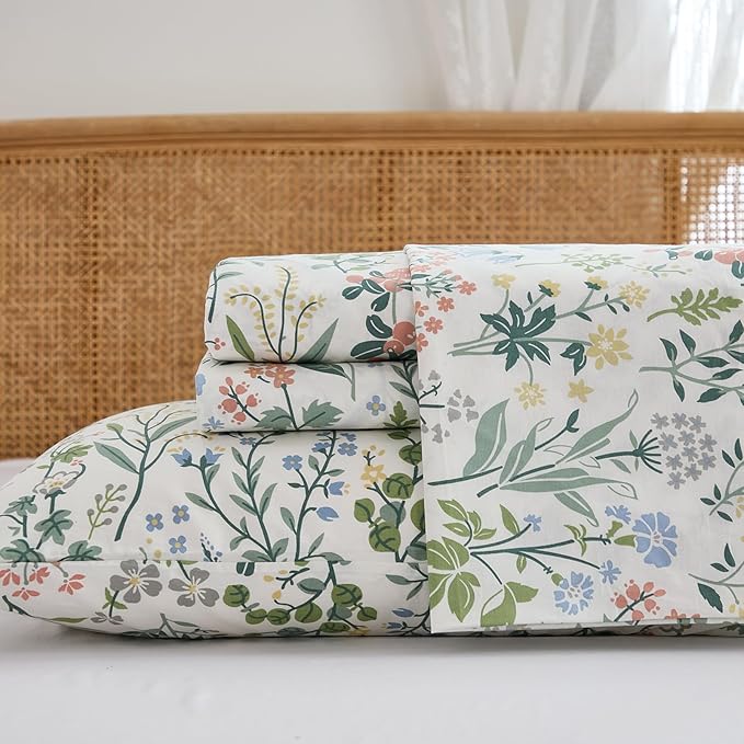 100% Cotton Sheet Set King Size – 4-Piece Vintage Green Garden Floral Bedding Set, Soft Breathable Percale Weave, Deep Pocket Fitted Sheet 17.5", Crisp Cool Feel, Refined Botanical Elegance