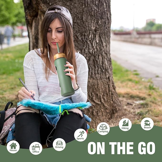 24 oz Glass Water Bottle, Glass Tumbler with Straw, Reusable Drinking Bottles with 2 Lids-Handle Lid&Bamboo Straw Lid, Silicone Sleeve, for Sports, Home,1 Pack-Olive