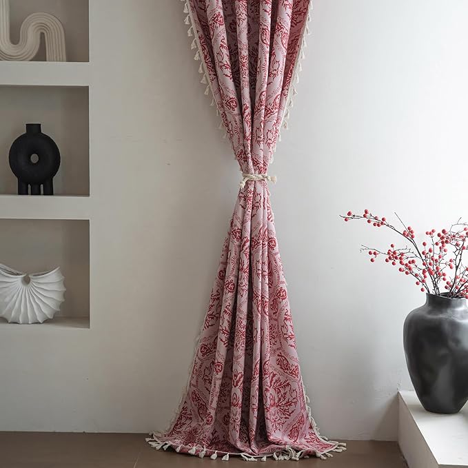 ENJOYBRIDAL Red Damask Curtains 63 Inches Living Room Bedroom Drapes 2 Panel Sets Vintage Semi Sheer Short Window Curtain Panels Dining Room Rod Pocket Jacquard Medallion Patterned Window Treatments