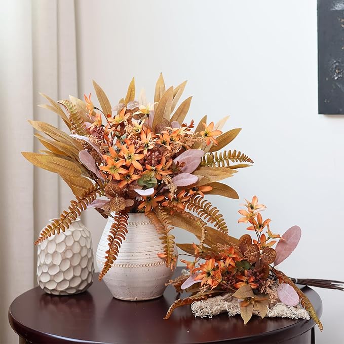 YXZZWL Artificial Greenery Stems Box Set for Fall Decorations,70 Pcs with 8 Kinds of Faux Eucalyptus Branches for Autumn Wedding DIY Bouquets Floral Arrangement Table Centerpieces (Brown & Orange)